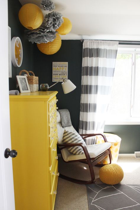 Pink And Yellow Nursery, Yellow Kids Bedroom, Yellow Nursery Ideas, Grey Yellow Nursery, Nursery Decor Yellow, Grey And Navy Nursery, Yellow Gray Bedroom, Yellow Kids Rooms, Yellow Bedroom Decor