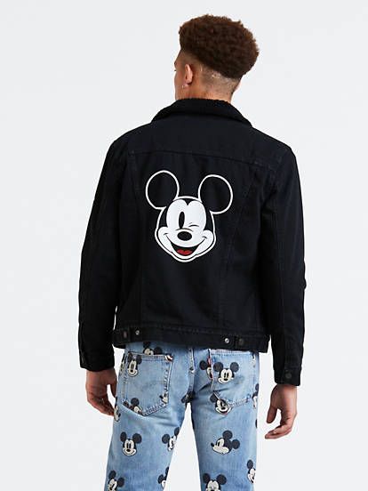 Levi's® x Disney Mickey Mouse Sherpa Trucker Jacket Black Denim Sherpa Jacket, Mickey Mouse Jeans, Levis Ribcage Jeans, Denim Sherpa Jacket, Mickey Mouse Black, Mickey Mouse Outfit, Sherpa Trucker Jacket, Levi Denim Jacket, Levis Outfit