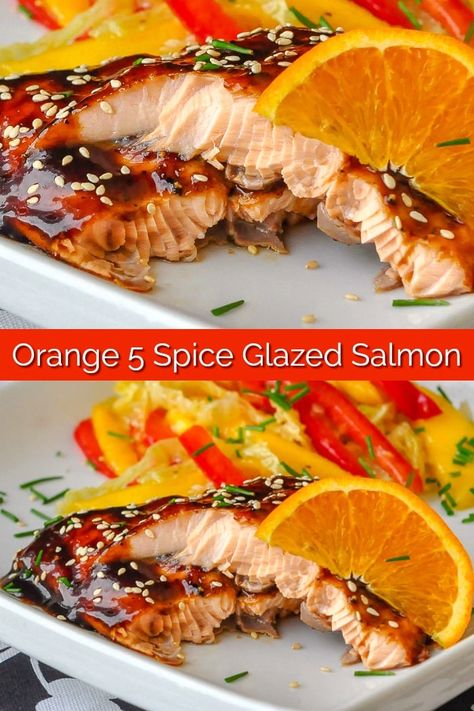 Orange Five Spice Glazed Salmon Newfoundland Recipes, Fish Entrees, Chinese Fish, Salmon Glaze Recipes, Chicken Divan, 5 Spice, Asian Spices, Rock Recipes, Five Spice