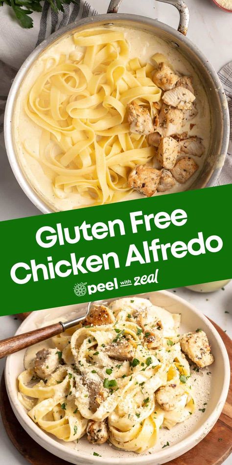 This gluten free pasta recipe with chicken features a creamy flourless alfredo sauce and your favorite GF pasta. Ready in under 30 minutes, gluten-free fettuccini alfredo recipe is quick and easy. Great for weeknight dinners when you are short on time. Add broccoli, sundried tomatoes or frozen peas. Gluten Free Chicken Alfredo, Fettuccine Alfredo With Chicken, Gluten Free Alfredo Sauce, Alfredo With Chicken, Chicken Alfredo Sauce, Gluten Free Pasta Dishes, Chicken Alfredo Fettuccine Recipe, Fettuccini Alfredo, Gf Pasta