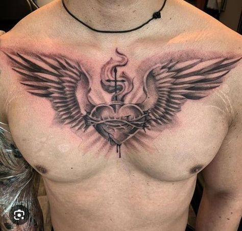 Sacred Heart Tattoo With Wings, Gods Heart Tattoo, Men’s Heart Tattoo, Sacred Heart Chest Tattoo Men, Sacred Heart Tattoo Men, Sacred Heart Tattoo Chest, Jesus Heart Tattoo, American Traditional Sacred Heart Tattoo, Heart Tattoo Men