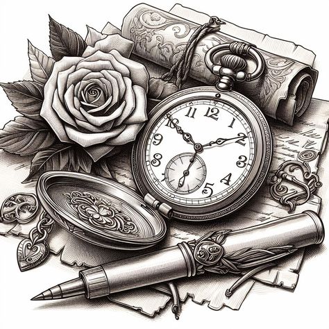 Pocket Watch Drawing, Mandala Arm Tattoos, Locket Tattoos, Watch Tattoo Design, Pocket Watch Tattoos, Baby Name Tattoos, Watch Locket, Watch Drawing, Hourglass Tattoo