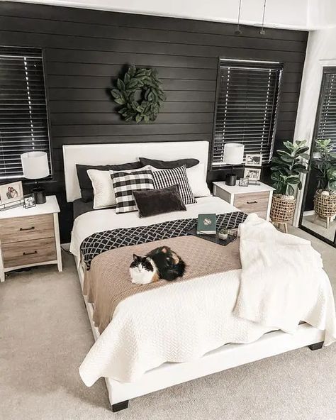 Picture of a stylish bedroom with a black shiplap wall Shiplap Black Wall, Bedrooms With Black Accent Wall, Black Shiplap Wall Bedroom, Black Accent Bedroom, Shiplap Bedroom Wall, Neutral Upholstered Bed, Accent Bedroom Wall, Black Shiplap Wall, Modern Farmhouse Bedrooms