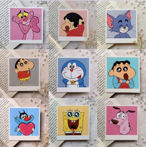 Cartoon Collage Painting, Polaroid Card Ideas, Polaroid Pictures Drawing, Cute Polaroid Paintings, Cartoon Polaroid, Painting Polaroids, Polaroid Drawing, Disney Canvas Paintings, Polaroid Painting