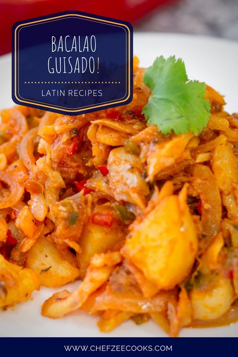 Bacalao Guisado is a Caribbean Salt fish recipe that's amazing! This easy to make tasty fish is a must during Lent or anytime you're craving fish. In particular, this Dominican Style Bacalao is what dreams are made of. The potatoes in this recipe are also a huge fan favorite! Definitely give this cod fish recipe a try! #ChefZeeCooks #CodFish #Bacalao #SaltFish #DominicanRecipes #CaribbeanRecipes Portuguese Cod Fish Recipes Potatoes, Puerto Rican Cod Fish Recipes, Puerto Rican Bacalao Recipe, Spanish Cod Fish Recipes, Dominican Fish Recipe, Bacalao Recipe Puerto Rico, Bacalao Salad, Bacalao Guisado Puerto Rico, Spanish Fish Recipes