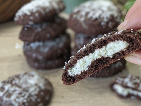 Chocolate Cookies with Coconut Filling Coconut Filled Chocolate Cookies, Coconut Filled Cookies, Coconut Chocolate Cookies, Cookies With Coconut, Cream Filled Cookies, Chocolate Coconut Cookies, Coconut Brownies, Coconut Filling, Chewy Chocolate Cookies