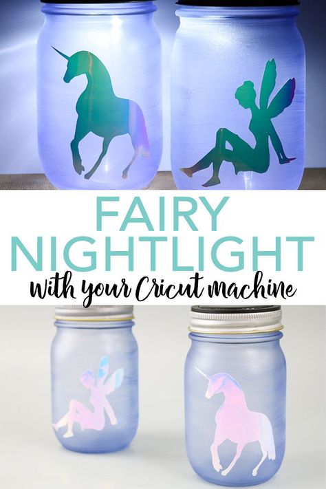 Make this fairy nightlight with just a few supplies and your Cricut machine! This solar powered mason jar will light up any room! #cricut #cricutmade #solar #fairy #unicorn Fairy Jars Diy, Rustic Front Door Decor, Frosted Glass Paint, Fairy Mason Jars, Unicorn Ideas, Mason Jar Night Light, Wicked Chicken, Mason Jar Candy, Fairy Night