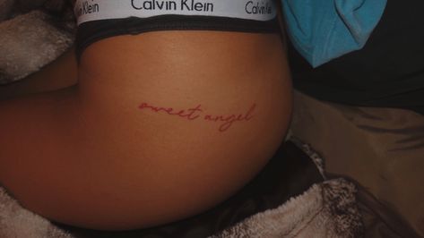 Sweet Angel Tattoo, Red Ink Angel Tattoo, Red Angel Tattoo, Red Ink Word Tattoo, Angel Tattoo Word, Red Hip Tattoo, Red Word Tattoo, Angel Word Tattoo, Tattoo In Red Ink