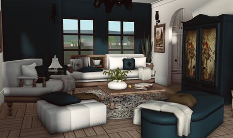 Bloxburg Cozy House Interior, Dark Academia Bloxburg House Interior, Bloxburg Dark Mansion, Bloxburg Realistic Living Room Ideas, Bloxburg Apartment Living Room, Bloxburg Chair Design, Bloxburg Cabin Interior, Dark Academia Bloxburg, Bloxburg Modern House Interior