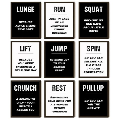 PRICES MAY VARY. Energize Your Home Gym: Elevate your home gym wall decor with funny gym decor for home gym that combines inspiration and humor, featuring workout posters for home gym. Complete Set: This gym wall art package includes 9 vibrant 8x10 inch quotes prints, perfect for men room decor, garage gym decorations, boxing accessories or any fitness space. Perfect Gift for Fitness Enthusiasts: Not just a decoration, these gym inspirational posters make a thoughtful present for anyone seeking Home Gym Wall Decor, Men Room, Morning Workout Motivation, Workout Quote, Boxing Accessories, Fitness Space, Quotes Prints, Gym Wall Decor, Gym Poster