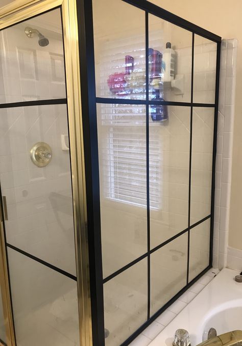 Update your gold framed shower with electrical tape- for a quick fix until you can Reno! Shower Frame Makeover, Diy Shower Door, Shower Makeover, Lakehouse Ideas, Gold Shower, Diy Shower, Bathroom Design Inspiration, Old Room, Room Renovation