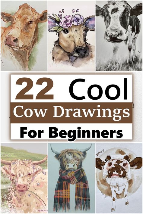 Pick up your pencils and sketching pads to create 22 unique drawings of cows in funny situations. Learn how to draw cows and use the drawing techniques on different sizes of paper and with different colored pencils. How To Sketch A Cow Face, Drawing Cows Step By Step, Drawing Ideas Easy Doodles Animals, Watercolor Cows Painting, Painting A Cow, How To Paint Cow Eyes, How To Draw Highland Cow, How To Paint Cows, Cow Pictures Drawing