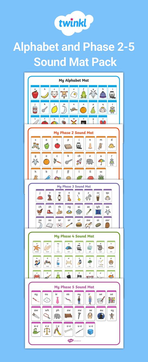 This handy pack is perfect to support your teaching of phonics for different comprehension levels for phases 2-5. Clear, brightly coloured images make each phonics mat fun and engaging for all levels. Sign up to download now!   #phonics #ks1 #english #lessonideas #lessoninspiration #resourcepacks #soundmat #lettersandsounds #twinkl #twinklresources Phase 2 Phonics Activities, Phase 5 Phonics Activities, Phonics Phase 3 Activities, Jolly Phonics Phase 1, Phase 3 Phonics, Phase 5 Phonics, Phase 1 Phonics, Phase 2 Phonics, Classroom Essentials