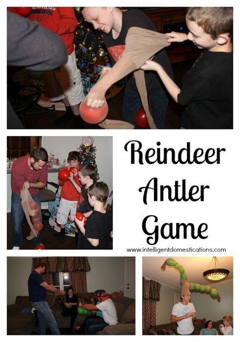 Christmas Party Games. How to play the Reindeer Antler Game! Reindeer Antler Game also known as the pantyhose and balloon game! | Intelligent Domestications Reindeer Antler Game, Staff Retreat, Mafia Party, Christmas Light Scavenger Hunt, Xmas Games, Fun Christmas Party Games, Christmas Games For Kids, Party Sandwiches, Pj Party