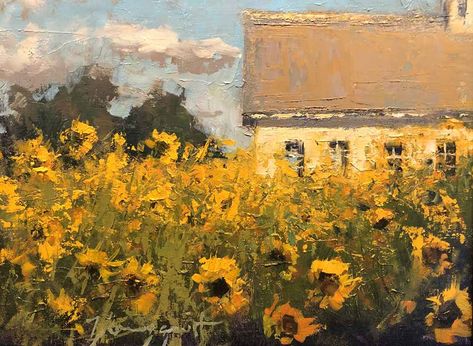 Romona Youngquist, Sunflower Landscape, Yellow Flowers Painting, England Cottage, Rembrandt Paintings, House Paintings, Farm Scenes, Oil Painting Tutorial, Barn Painting