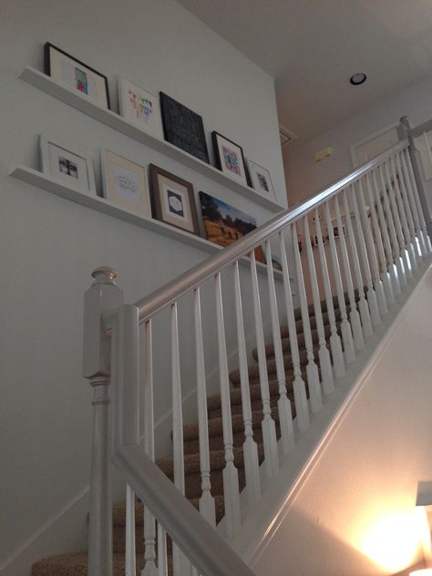 Bannister painted Olympic's Silver Dollar Bannister Ideas Painted, Staircase Banister Ideas, Painted Banister, Banister Ideas, Hallway Ideas Diy, Painted Staircases, Stair Banister, Staircase Makeover, Stair Remodel