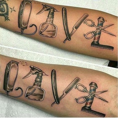 Check out the best stylist/barber tattoos on Pinterest. Barber Knife Tattoo, Barber Background, Barber Wallpaper, Barber Illustration, Hailie Barber, Pole Tattoo, Cosmetology Tattoos, Hairdresser Tattoos, Barber Poster