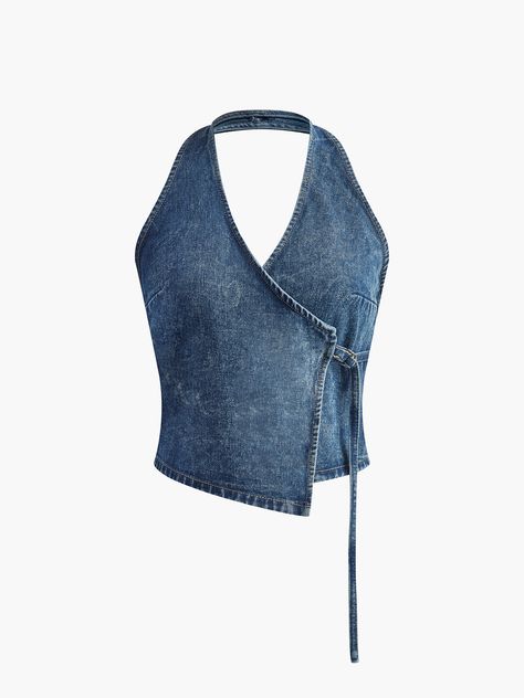 Details Composition: 100% Polyester Design: Backless Style: Casual Thickness: Regular Sheer: No Material: Denim Sleeve Length: Sleeveless Neckline: V-neck Occasion: Leisure Size & Fit Clothes Length: Short Top Stretch: Non-stretch Fit Type: Regular Fit Cm Inch Size Length Bust XS 45 82 S 46 86 M 47 90 XS 17.7 32.3 Denim Halter Top, Fit Clothes, Fits Clothes, Daily Dress, Summer Trends, Color Swatches, Dark Denim, Denim Top, Short Tops