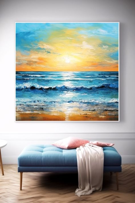 Original handmade oil painting of a vibrant sunset over a beach with crashing waves, featuring rich blues, yellows, and oranges Waves Crashing, Beach Scene, Sunset Painting, Handmade Oil, Coastal Wall Art, Sunset Beach, Beach Wall Art, Beach Scenes, Beach Sunset