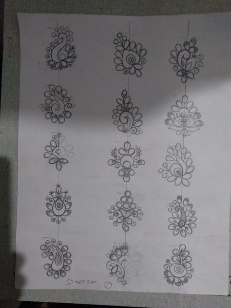 Saree Butta Design Sketch, Butti Design Sketch, Saree Border Designs Drawing, Buti Design, Accessories Design Sketch, Pattern Design Drawing, Full Hand Mehndi, Flower Drawing Design, Simple Embroidery Designs