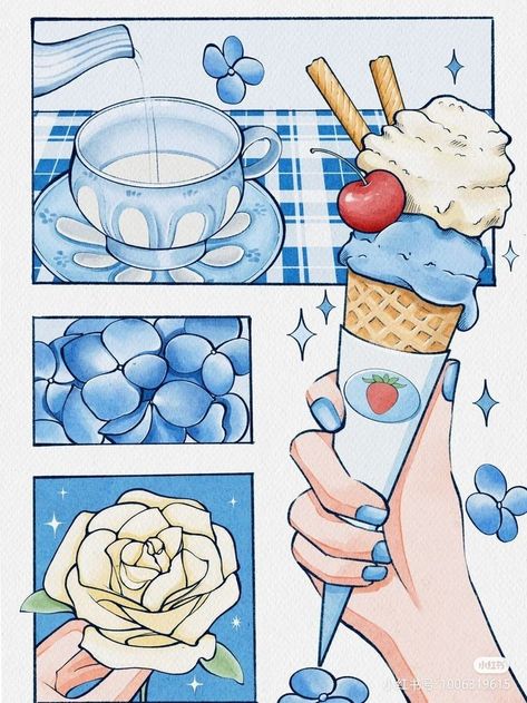 Trym Hinano Purple, Creative Chart Ideas, Blue Drawings Aesthetic, Cute Comic Art, Ice Cream Drawing, Miles Morales Icon, Drawing Summer, Wholesome Comics, Blue Ice Cream