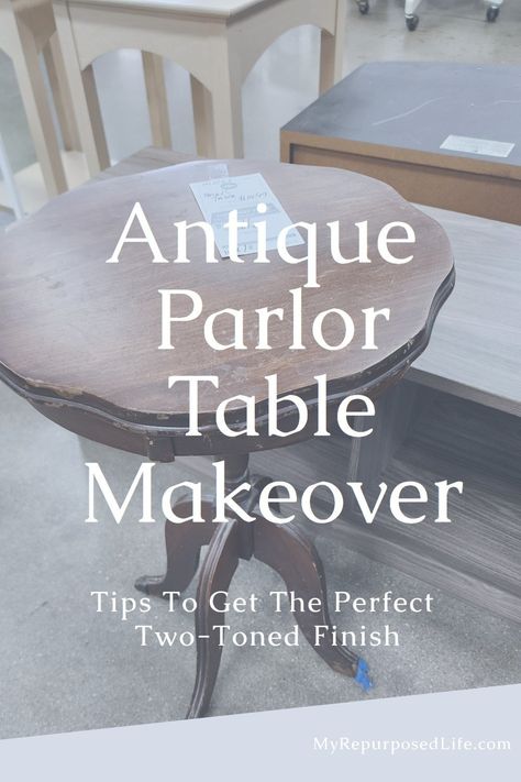 Furniture flipper shares the perfect makeover of a small parlor side table. Tips for getting a great two-toned paint line. Beautiful results. via @repurposedlife End Table Painting Ideas, Round Side Table Makeover, Drop Cloth Slipcover, Faux Wood Paint, End Table Makeover, Side Table Makeover, Heirloom Traditions Paint, Parlor Table, Repurposing Ideas