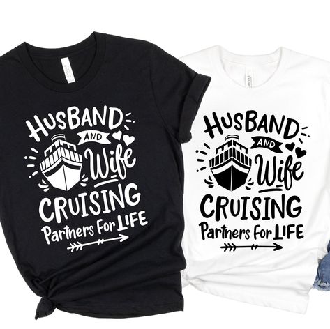 This matching newlywed cruise trip shirt is the perfect shirt for your anniversary cruise together! Our husband and wife cruise ship graphic tee is great for matching cruise shirts for a married couple. AT CHECKOUT: (1) Shirt Size (2) Shirt Color (PICTURED:  Black and white) This listing is for a shirt only; any other items pictured are not included.  SHOP POLICIES  ❀ Please LAUNDER inside out on gentle cycle to ensure longevity. Iron inside out. ❀ See the listing photos for the SHIRT SIZING CHA Wedding Cruise Shirts, Cruise Honeymoon Shirt, Anniversary Cruise Shirts Ideas, Cruise Shirts Ideas For Couples, Matching Cruise Shirts Couple, Cruise Couple Shirts, Husband And Wife Cruise Shirts, Cruise Tshirt Ideas Couples, Honeymoon Cruise Shirts