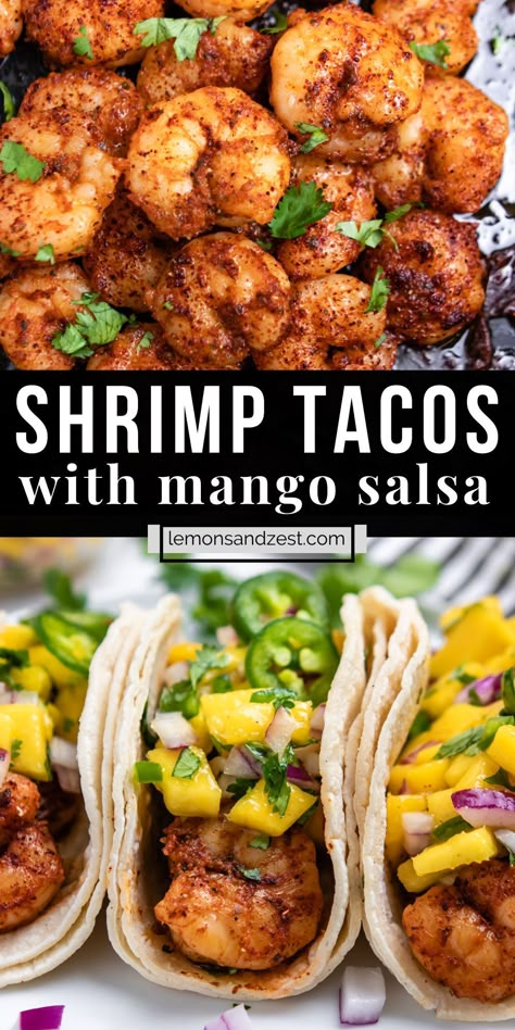 Pan-Fried Spicy Shrimp Tacos with Mango Salsa are so simple and delicious. A simple marinade with the spice level you choose and then topped with a zesty mango salsa for the perfect Taco Tuesday combo! (Or any day of the week, right?) Shrimp cooks up in under ten minutes so you have a simple and super quick dinner ready in no time! Shrimp Tacos Spicy, Simple Seafood Dinner, Grilled Shrimp With Mango Salsa, Shrimp Mango Salsa Recipe, Healthy Shrimp Tacos Recipes, Shrimp Tacos Marinade, Mango Shrimp Recipes, Healthy Shrimp Taco Recipes, Dinner Recipes When You Have No Food