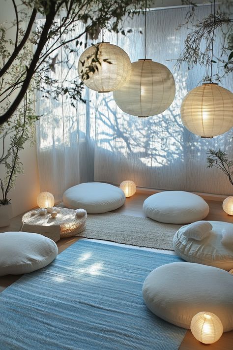 69 Zen Meditation Space Ideas - TastyInteriors Zen Reading Corner, Blue Meditation Room, Meditation Balcony Ideas, Indoor Meditation Space, Healing Room Ideas Interior Design, Meditation Aesthetic Room, Cozy Meditation Room, Spiritual Room Meditation Space, Meditation Corner In Bedroom