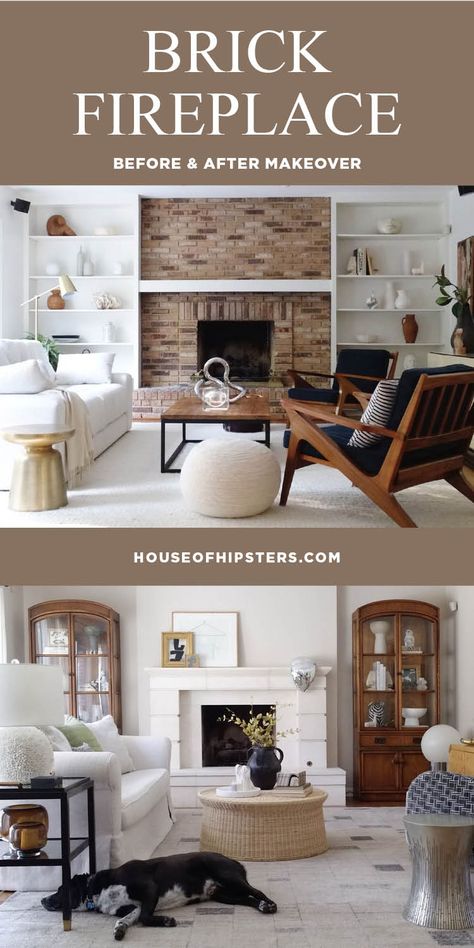 Before and after brick fireplace makeover and other ideas on how to modernize your brick fireplace mantel. Refinish Brick Fireplace, Old Brick Fireplace, Red Brick Fireplaces, Design Fireplace, Hipster Home Decor, Dining Room Decor Modern, Brick Fireplace Makeover, Sleek Bathroom, Mantel Design