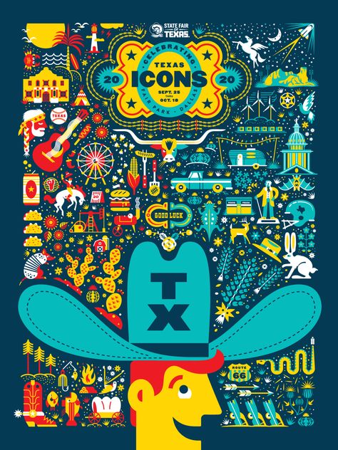 Announcing the 2020 Theme for the State Fair of Texas: "Celebrating Texas Icons" | State Fair of Texas Brothers Playroom, Fair Illustration, Texas Mural, Riyadh Season, Texas Illustration, Dallas Murals, Texas Map Art, Law Poster, Texas Icons