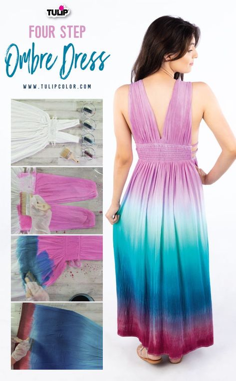 DIY Tie-Dye Maxi Dress  #TieDye #TieDyeTechnique #TieDyeFashion #TieDyeMaxiDress #OmbreMaxiDress #DIYTieDye #TulipTieDye #TieDyeYourSummer Ombre Tye Dye Patterns, How To Tie Dye A Dress, Tie Dye Patterns Dress, Tie Dye Dress Patterns, Upcycle Outfits, Tie Dye Dress Diy, Tie Dye Wedding Dress, Tie And Dye Dress, Tulip Tie Dye