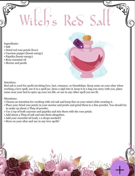 Rose Petal Spells, Rose Petal Uses Witchcraft, Red Salt Witchcraft, Red Salt Recipe Witchcraft, Spells With Rose Petals, Witchcraft Salt, Salt Magick, Cottage Witchcraft, Witch Ingredients