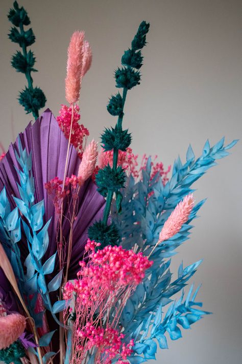 Colour Pop Has Arrived! Colorful Dried Flower Bouquet, Floral Arrangements Ideas, Pastel Bouquet, Ikebana Flower Arrangement, Dried Bouquet, Teal Flowers, Colour Pop, Japanese Flowers, Dried Floral