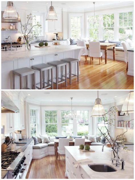 Open Concept Kitchen With Bay Window, Kitchen With Bay Window Layout, Bay Window Kitchen Nook, Bay Window Dining Area, Small Rectangle Kitchen Table, Bay Window Kitchen, Bay Window Seating Kitchen, Bay Window Dining, Large Kitchen Window