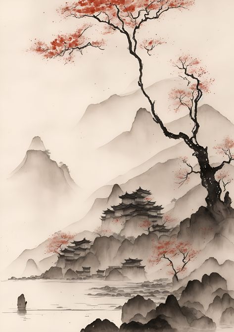 Japanese ink wash poster poster - for sale on Displate. Transform your space with our stunning metal poster designs. Global Shipping Available.Follow me on Instagram @BelowHorizonArt #displate #mountfuji #landscape #japan #sakura #cherryblossom #art #digitalart #fantasy #posterdesign #interior #interiordesign #illustration #graphicdesign #wallart #homedecor #walldecor #myart #myartwork #digitalartist #digitalillustration #digitaldrawing #forsale #artforsale #sale #poster Chinese Painting Traditional, Sakura Painting, Rocky Island, Japanese Ink Painting, Japanese Village, Japanese Tree, Japan Sakura, Japan Landscape, Landscape Japan