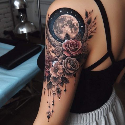 Womans Full Sleeve Tattoo, Women Gothic Tattoo, Upper Shoulder Back Tattoos For Women, Feminine Witch Tattoo, Masquerade Tattoos For Women, Moon Sleeve Tattoos For Women, Black And Purple Tattoos, Back Moon Tattoo, Back Tattoo Cover Up Ideas For Women