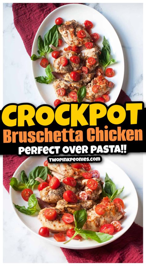 This crockpot bruschetta chicken is so easy to make. It is perfect over pasta or with a side of garlic bread! Chicken Bruschetta Recipe, Sides For Chicken, Bruschetta Chicken, Super Easy Recipes, Slow Cooker Meals, Chicken Crockpot Recipes, Crockpot Chicken, Garlic Bread, Chicken Recipe