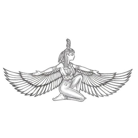 Ma'at Tattoo Goddesses, Iris Egyptian Goddess Tattoo, Egyptian Goddess Tattoo Design, African Style Tattoos, Maat Egyptian Goddess Tattoo, Egyptian Wings Tattoo, Big Sternum Tattoo, Goddesses Tattoo, Ancient Egyptian Tattoo