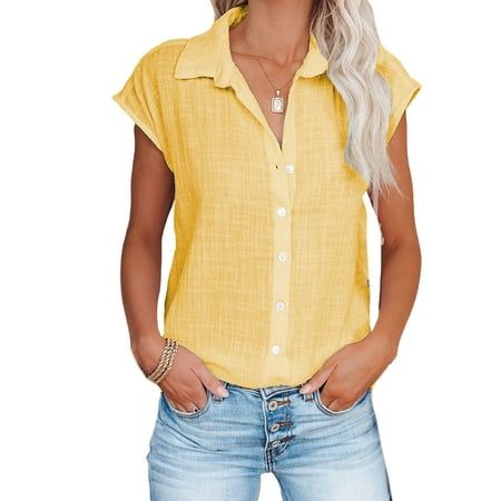 Description: Gender:Women Woman, Ladies Lady, Female Style:Women Short Sleeves Shirt, Solid Color Blouses, Casual Loose Tunic, Cotton Button-Down Tops Pattern Type:Solid Color, Button Design:Button-Down Color:Beige, White, Pink, Blue, Claret, Black (Optional) Size:S, M, L, XL, 2XL, 3XL (Follow the size chart to select please) Material:35%Polyester, 65%Cotton Length:Hips Length Neckline:Lapel Sleeve Length:Short Sleeve Season:Spring, Summer Occasions:Casual, Traveling, Vacation, Working, Party, Everyday, Dates, Movies, Street, Beach Features: 1. Made of a lightweight, breathable fabric, flowy and not clingy at all, soft to the touch, it's comfortable to wear all day. 2. Lapel, short sleeve, solid color, buttons down closure. A basic top with simple but fashion. It has perfect length so you Jeans Overall, Sleeveless Outfit, Cap Sleeves Blouse, Hem Blouse, Linen Casual, Maxi Robes, Sleeves Clothing, Linen Blouse, Yoga Shorts