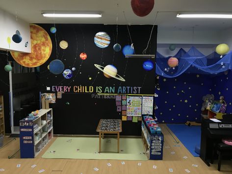 #solar system, #space theme , #classroom decoration Outer Space Classroom, Space Theme Classroom, Space Theme Preschool, Elementary Classroom Themes, Space Preschool, Space Classroom, Science Classroom Decorations, Classroom Transformation, Galaxy Theme