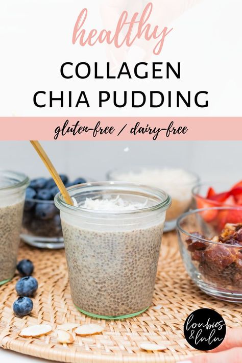 Collagen Chia Seed Pudding, Collagen Chia Pudding, High Protein Dairy Free Snacks, Collagen Desserts, Collagen Pudding, Collagen Snacks, Collagen Oatmeal, High Protein Chia Pudding, Chia Pudding Almond Milk