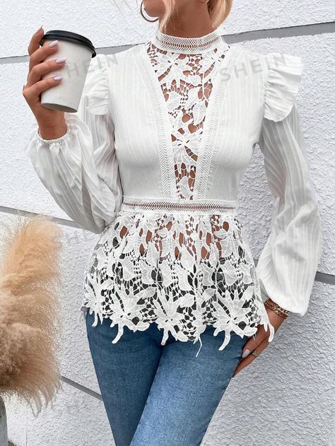 SHEIN Frenchy Guipure Lace Insert Ruffle Trim Lantern Sleeve Peplum Blouse | SHEIN USA White Fashion Casual, Guipure Lace, Peplum Blouse, Lace Insert, Lantern Sleeve, Lantern Sleeves, White Fashion, Ruffle Trim, Fashion Casual