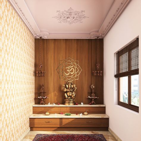 Pooja Room Kerala Style, Wooden Fluted Panel, Yellow And White Wallpaper, Pooja Design, Stucco Ceiling, Puja Ghar, Pooja Unit, Wallpaper House Design, Fluted Panel