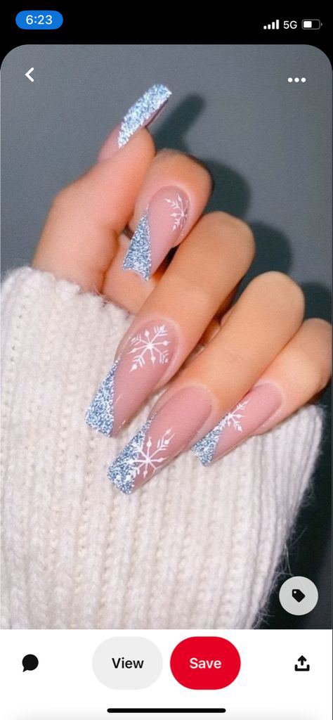 Acrylic Nail Designs January, Blue Snowflake Nails, Snow Globe Nails, Sweet 16 Nails, January Nail, Blue Christmas Nails, Xmas Nail Designs, January Nail Designs, Clear Nail Tips