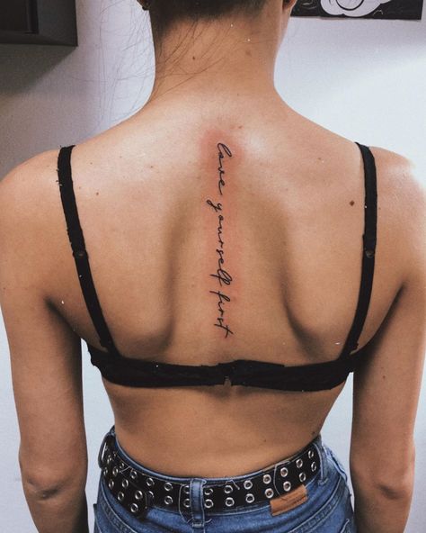 Love Yourself First Spine Tattoo, Love Yourself First Tattoo, Jr Tattoo, Love Yourself Tattoo, Rib Tattoos For Women, Tattoo Love, Tattoo Parlor, Spine Tattoo, Spine Tattoos