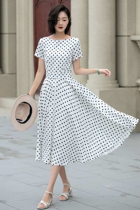 Polka Dot Dresses For Women, Polka Dot Dress Vintage, Vintage Polka Dot Dress, Dot Print Dress, Elegant Midi Dresses, Custom Dress, Dress Short Sleeve, Polka Dress, Dress Midi