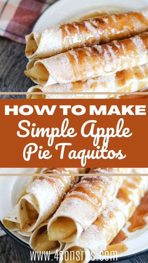 How To Make Simple Apple Pie Taquitos. Simple desserts are often overlooked, especially when the Holidays roll around. These apple pie taquitos have all the makings of a great apple pie in fun, crispy cinnamon & sugar coated taquito form. 4 sons r us offers various easy family recipes! Apple Flautas Flour Tortillas, Tortilla Apple Roll Ups, Apple Taquitos Recipes, Apple Pie Filling Flour Tortilla, Apple Pie Roll Ups Tortilla, Apple Pie Tortilla Rolls Recipe, Apple Tortilla Roll Ups, Recipes With Canned Apple Pie Filling, Can Apple Pie Filling Recipes Easy