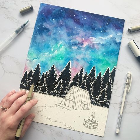 Jen Aranyi on Instagram: “I haven’t had as much time lately to sit and paint as I would like, so instead today I’m resharing one of my favorite pieces that I did…” Winter Art Lessons For Middle School, Winter Art Projects For Middle School, Jen Aranyi, Winter Art Second Grade, Grade 5 Winter Art, Northern Lights Art Lesson, Jen Aranyi Art Lesson, Childrens Art Projects, Winter Art Lesson