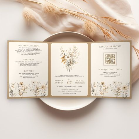 Fall Autumn Boho Wildflower Photo QR Code Wedding Tri-Fold Invitation September Wedding Invitations, Wedding Invitations Autumn, Autumn Wedding Invitations, Fall Invitations, Cottage Core Wedding, Wedding Booklet, Nature Wedding Invitations, Western Wedding Invitations, Online Rsvp